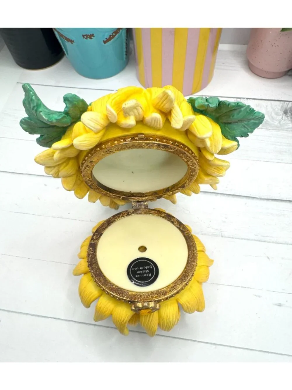 Yellow Chrysanthemum Trinket Box With Hinged Lid & Gold Accents
